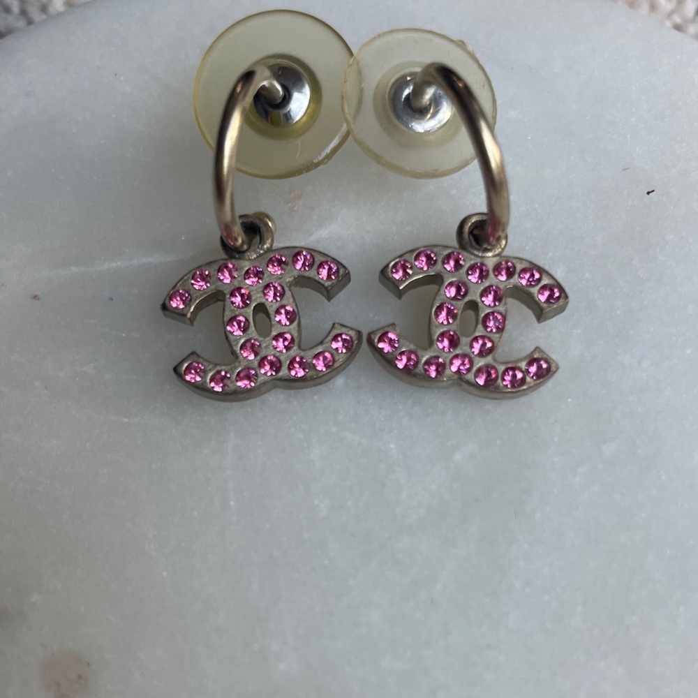 CHANEL CC Earrings Coco Mark Hoop Earrings - Pink Rhinestone r055 pierced